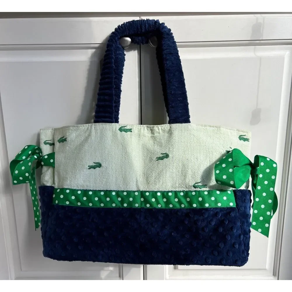 La Shea Montgomery Alabama Preppy Alligator seersucker polkadot bows duffle bag